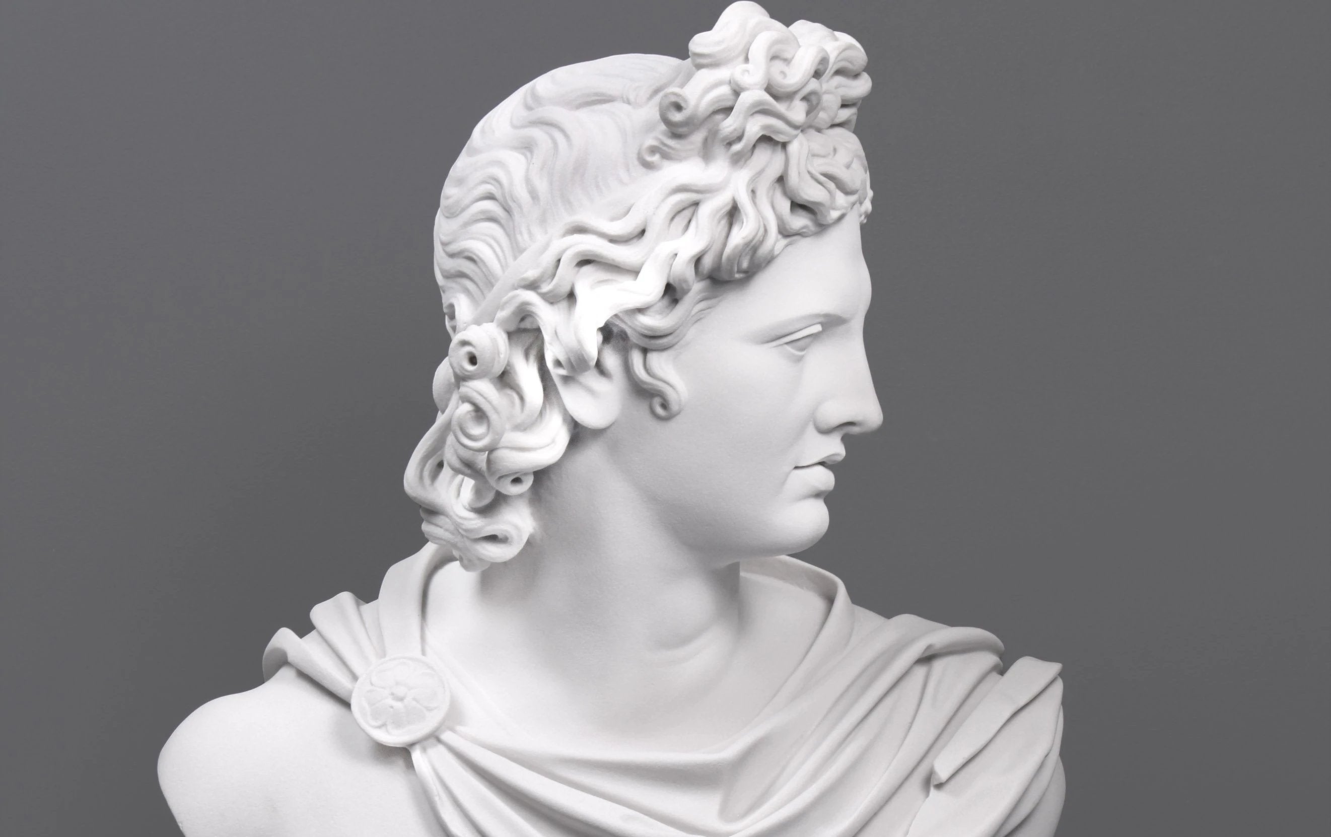 3D illustration featuring the white marble bust of a beautiful