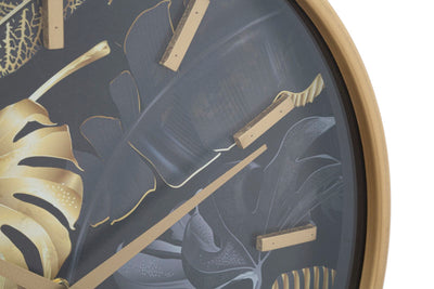 Golden & Grey Tropical Leaves Wall Clock
