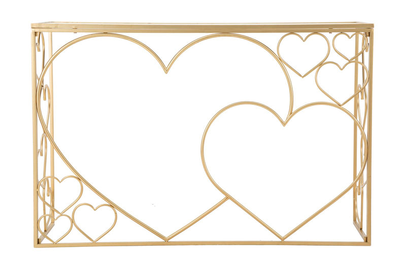 Golden Metal & Glass Console Table with Heart Decor