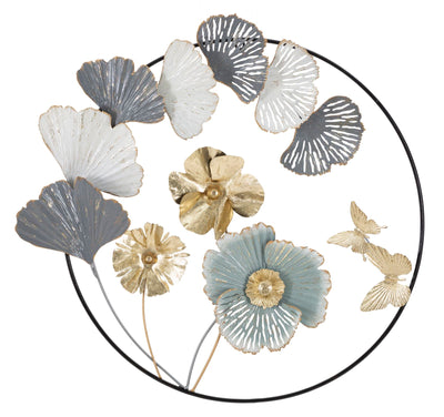 Metallic Flowers & Leaves in Round Frame Wall Decor