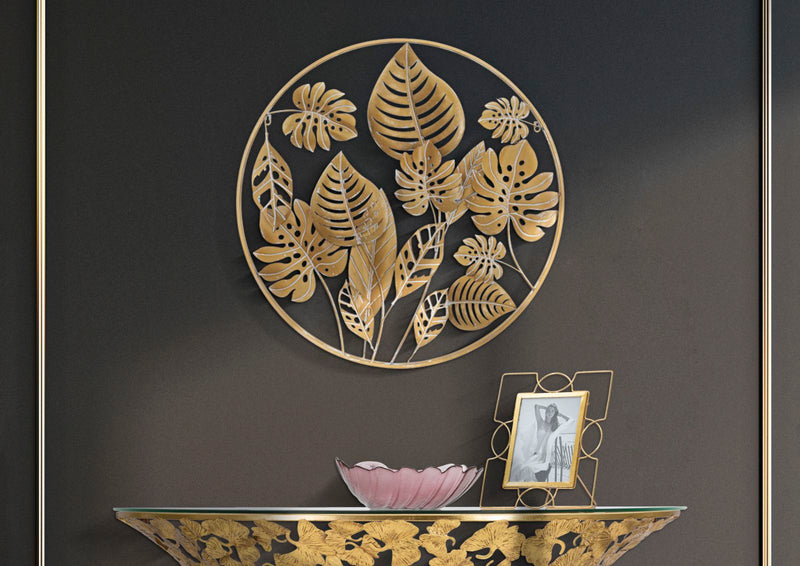 Golden Tropical Leaves in Round Frame Wall Decor