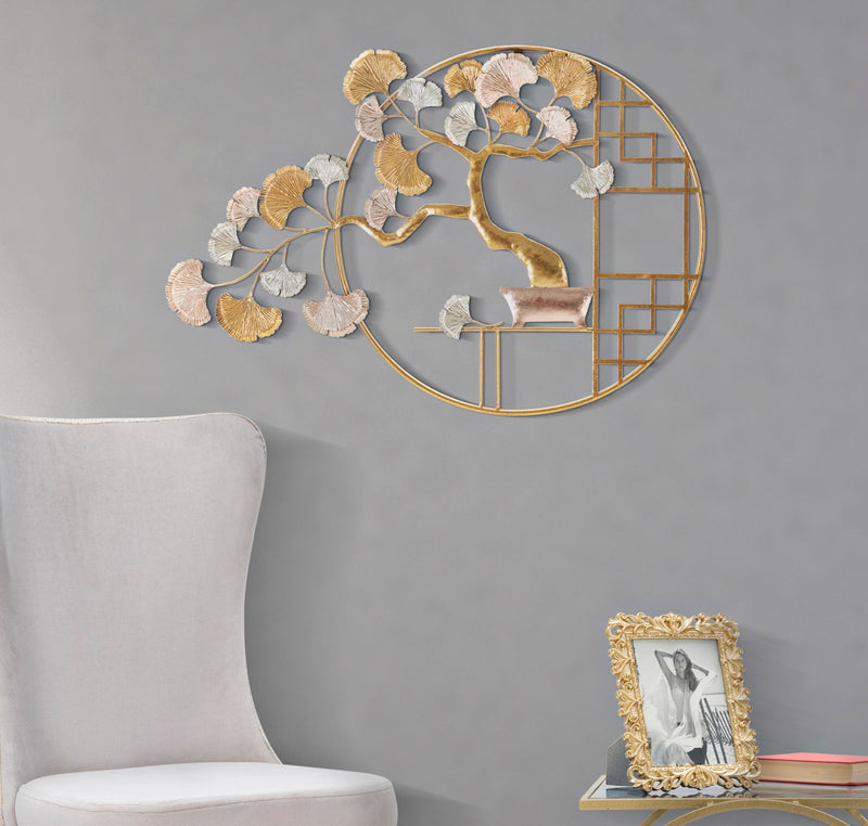 Golden Cherry Blossom Japanes Tree Wall Decor in Round Frame