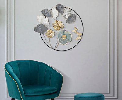 Metallic Flowers & Leaves in Round Frame Wall Decor