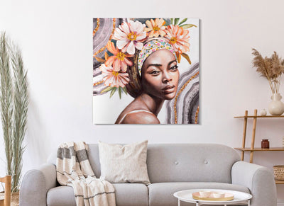 Handmade Black Woman with Floral Headdress Canvas Painting