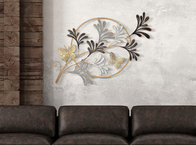 Metallic Leaves in Round Frame Wall Decor