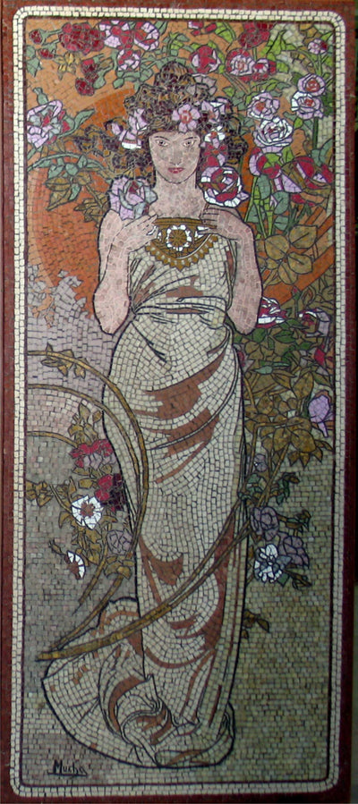 Lady with Flowers Contemporary Mosaic (Middle) by Mucha
