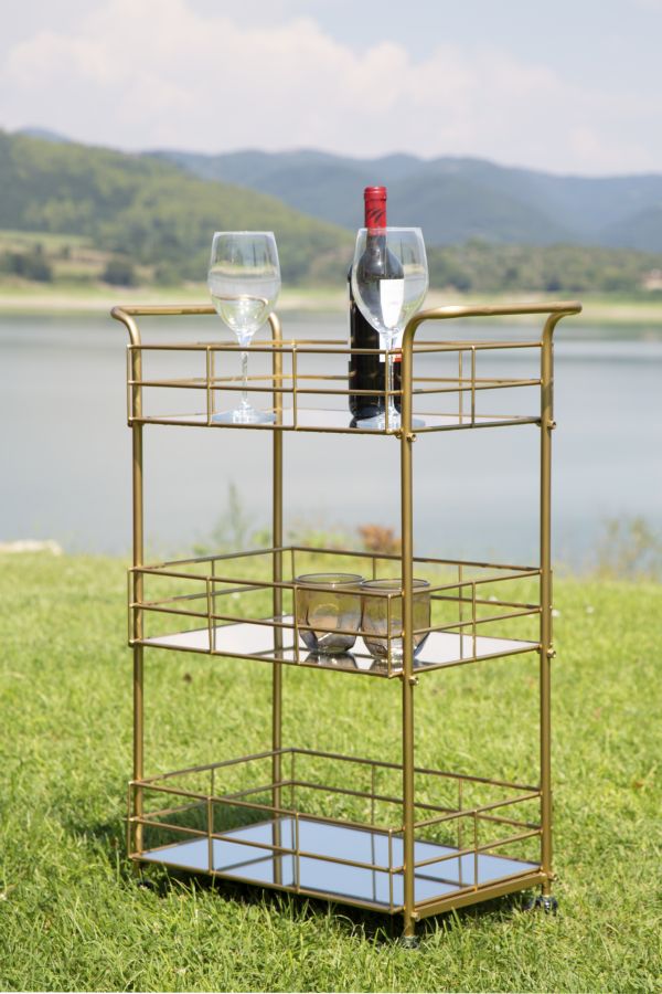 Golden Metal & Glass Square Trolley with 3 Shelves