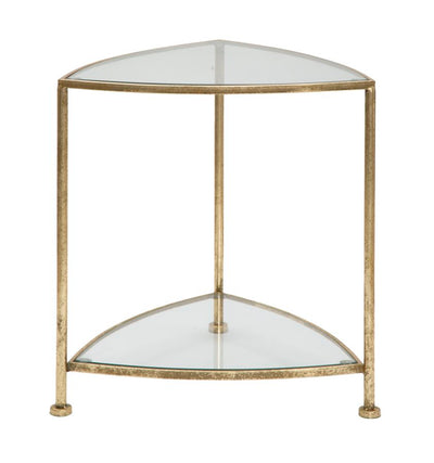 Golden Metal & Glass Triangle Side Table with 2 Shelves