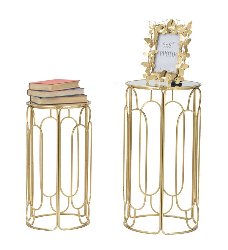 Round Golden Metal & Glass Side Table Set of 2