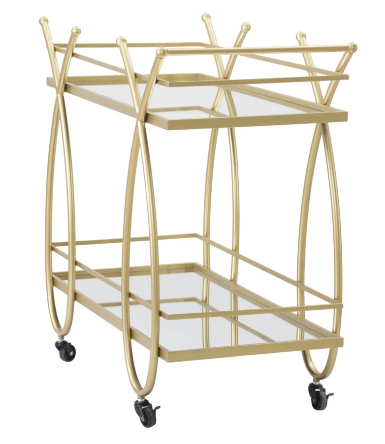 Golden Metal & Glass Rectangular Trolley with 2 Shelves and Wheels