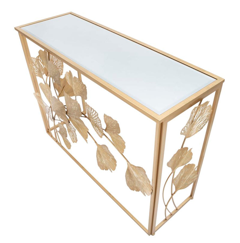 Golden Metal & Glass Rectangular console Table with Leaf Decor