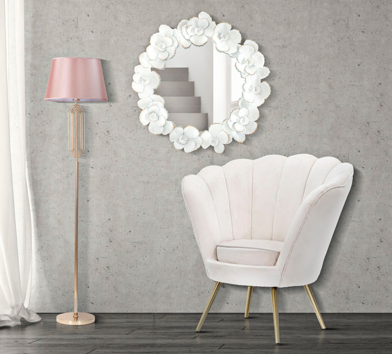 White Metal Floral Round Wall Mirror