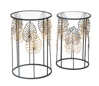 Black Metal & Glass Side Table with Leaf Decor in Pair