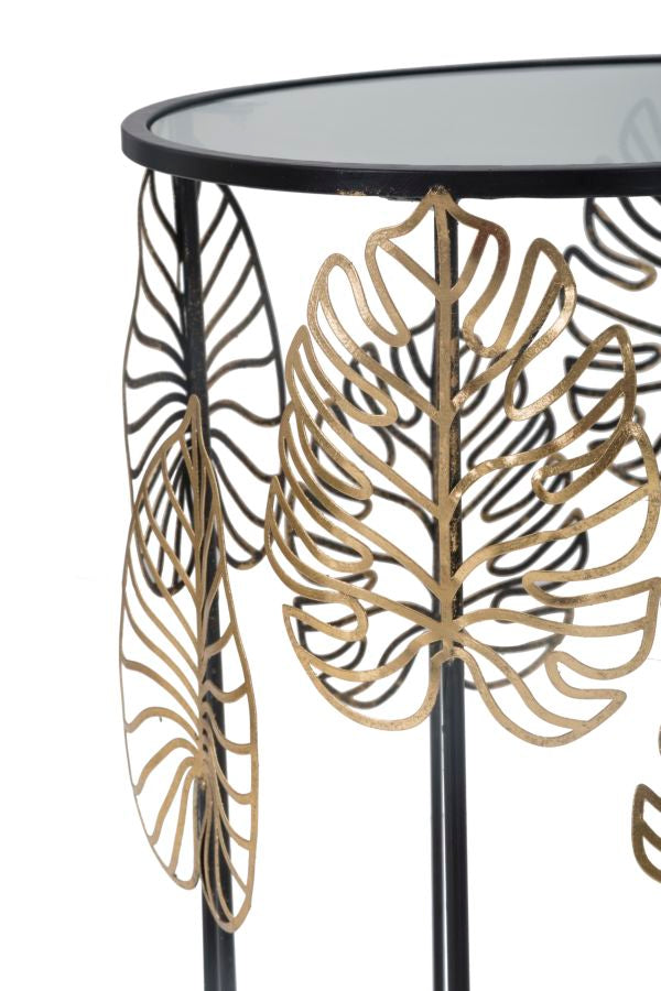 Black Metal & Glass Side Table with Leaf Decor in Pair