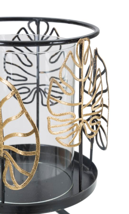 Metal & Glass Tropical Leaves Round Candle Holder