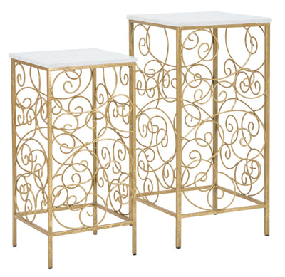 Golden Metal Spiral Side Table with Marble Top in Pair