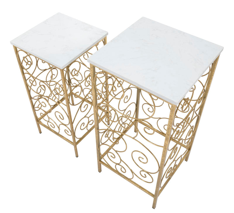 Golden Metal Spiral Side Table with Marble Top in Pair