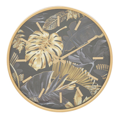 Golden & Grey Tropical Leaves Wall Clock