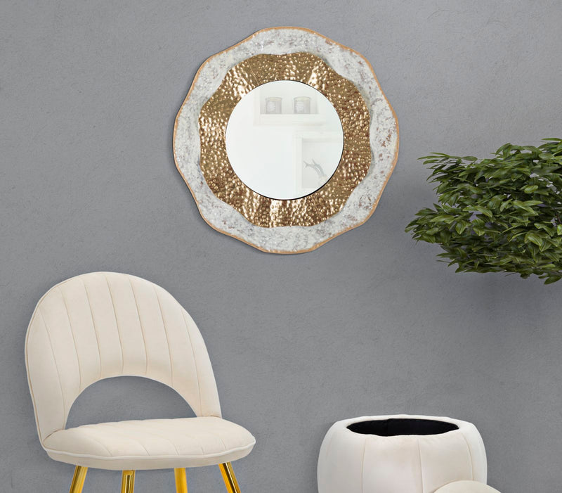 Golden & White Metal Round Wavy Wall Mirror