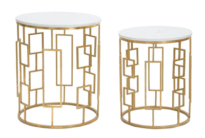 Golden Geometric Metal Side Table with Marble Top in Pair
