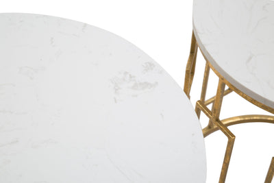 Golden Geometric Metal Side Table with Marble Top in Pair