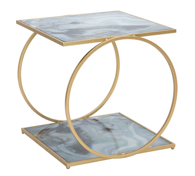 Golden Metal Square Side Table with Grey Marble Top & Bottom