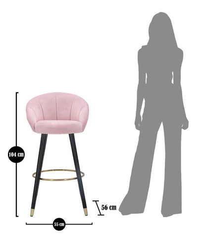 Light Pink Velvet Bar Stool with Black Wooden Legs & Golden Details