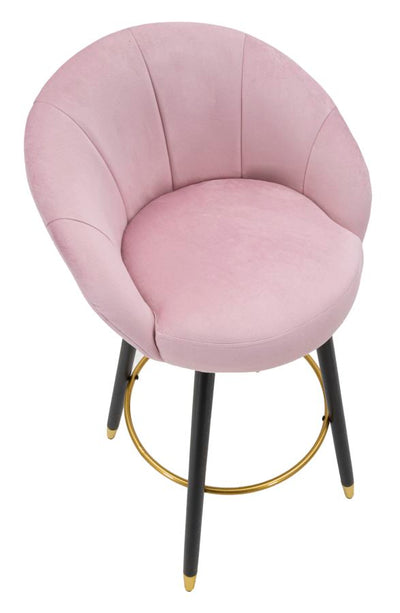 Light Pink Velvet Bar Stool with Black Wooden Legs & Golden Details