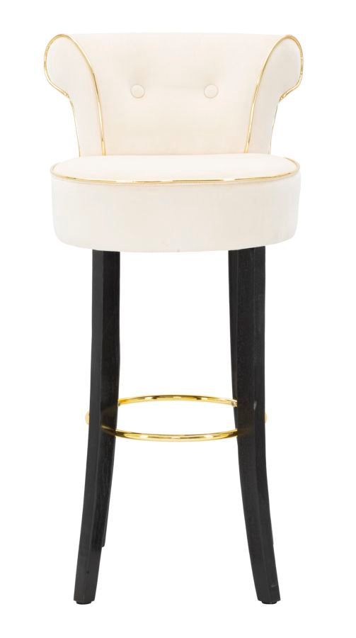 Cream Velvet Bar Stool with Black Wooden Legs & Golden Details