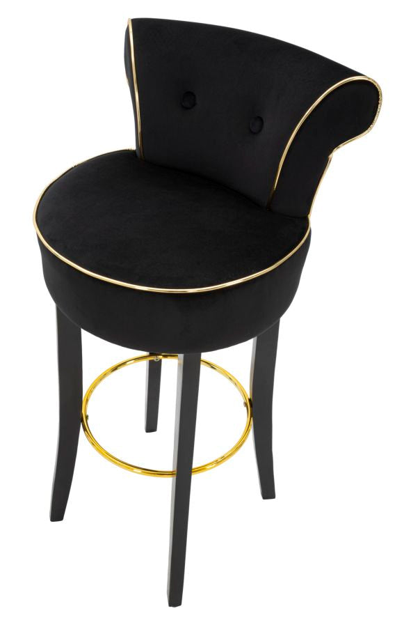 Black Velvet Bar Stool with Black Wooden Legs & Golden Details