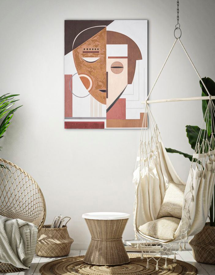 Handmade Brown Abstract Bohoo Chic Women Face Canvas Painting