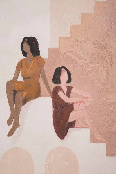 Handmade Brown Abstract Bohoo Chic Women on Stairs Canvas Painting