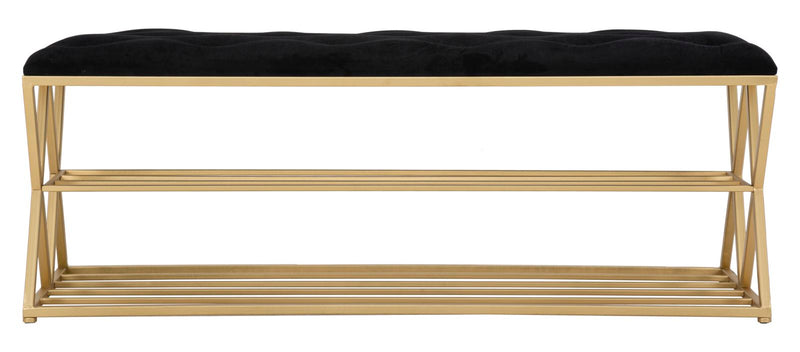 Black Velvet Bench with Golden Metal Stand & Shoe Shelf