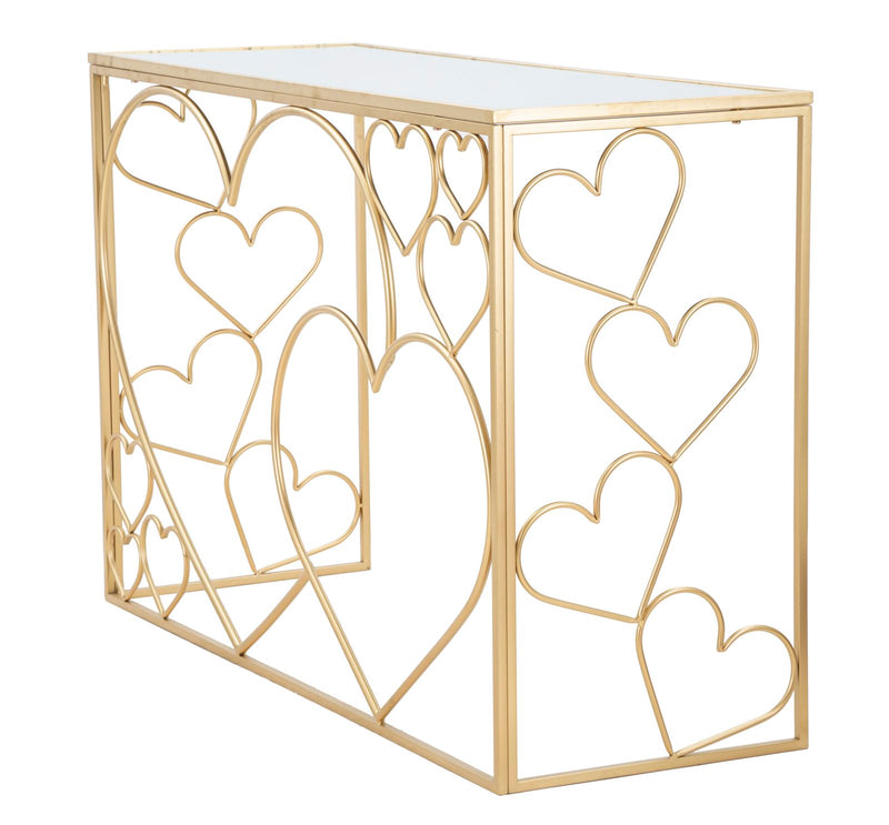 Golden Metal & Glass Console Table with Heart Decor