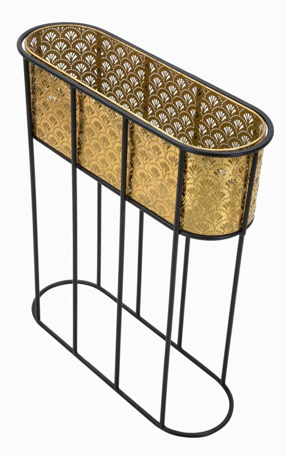 Oval Golden Metal Planter Pot with Black Metal Stand