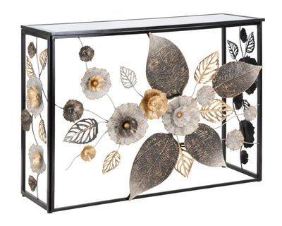 Black Metal & Glass Console Table with Leaf & Flower Decor