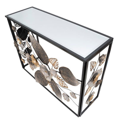 Black Metal & Glass Console Table with Leaf & Flower Decor