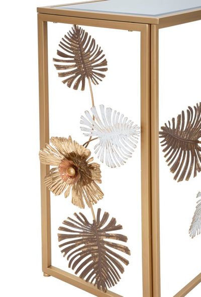 Golden Metal & Glass Console Table with Leaf & Flower Decor