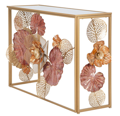 Golden Red Metal & Glass Console Table with Leaf & Flower Decor