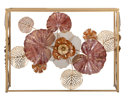 Golden Red Metal & Glass Console Table with Leaf & Flower Decor