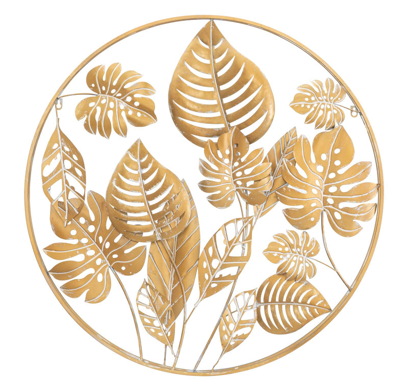 Golden Tropical Leaves in Round Frame Wall Decor