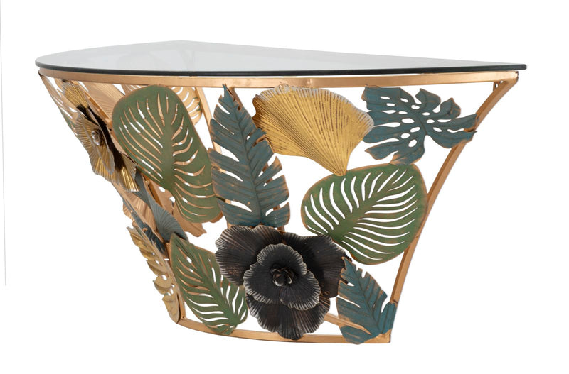 Metal & Glass Wall Console with Colorful Leaf Decor