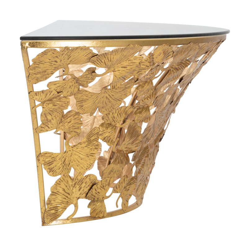 Golden Metal & Glass Wall Console with Leaf Decor