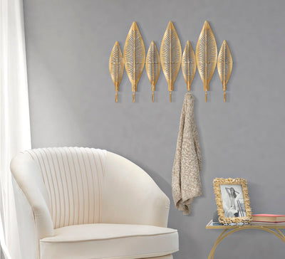 Leaf Golden Metal Wall Hanger with 7 Hooks