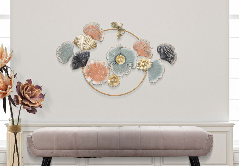 Metallic Flowers & Leaves in Round Frame Wall Decor