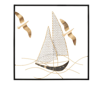 Metal Sailing Boat in Square Frame Wall Decor