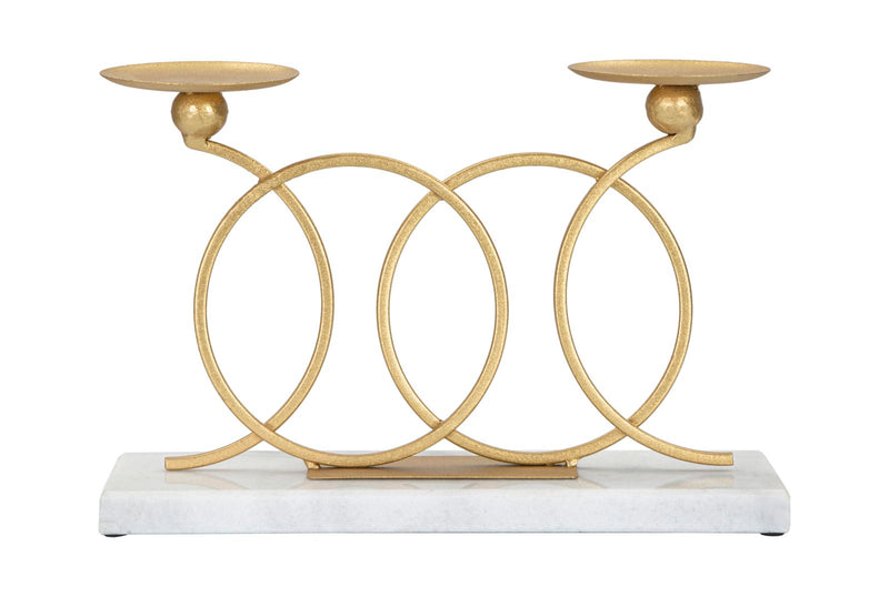 Golden Metal Geometric Circles 2 Candle Holder with white Marble Base