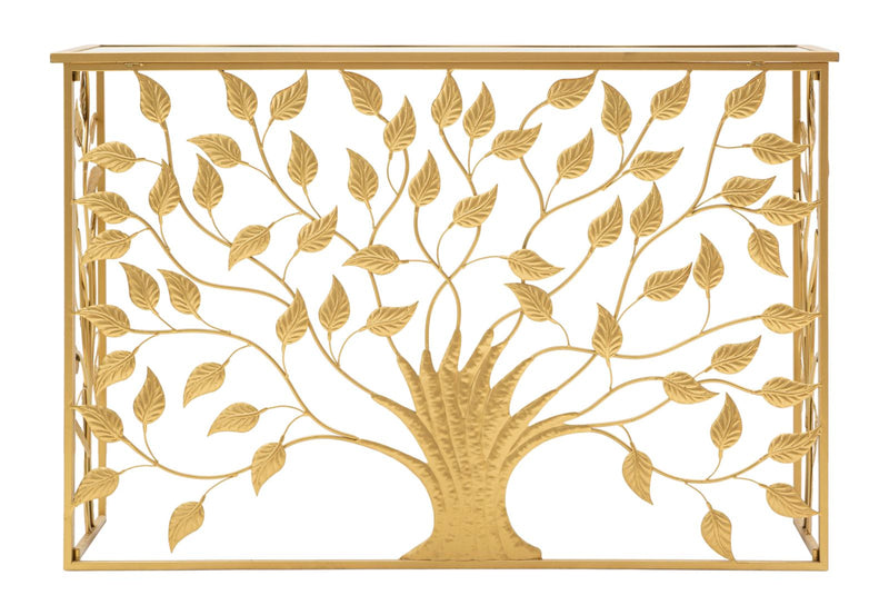 Golden Metal & Glass Console Table with Tree Decor