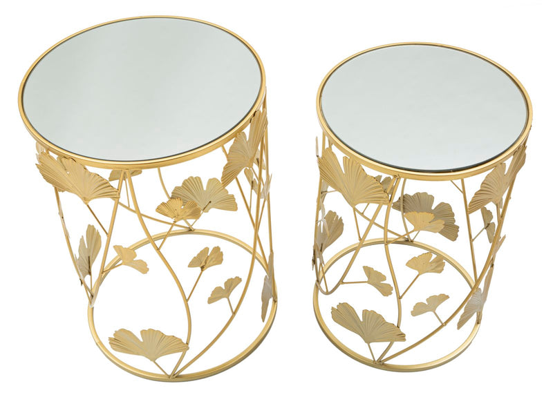 Round Golden Metal & Glass Leaf Patterned Side Table in Pair