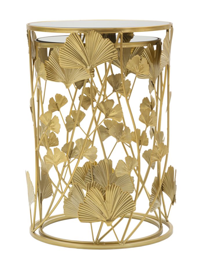 Round Golden Metal & Glass Leaf Patterned Side Table in Pair